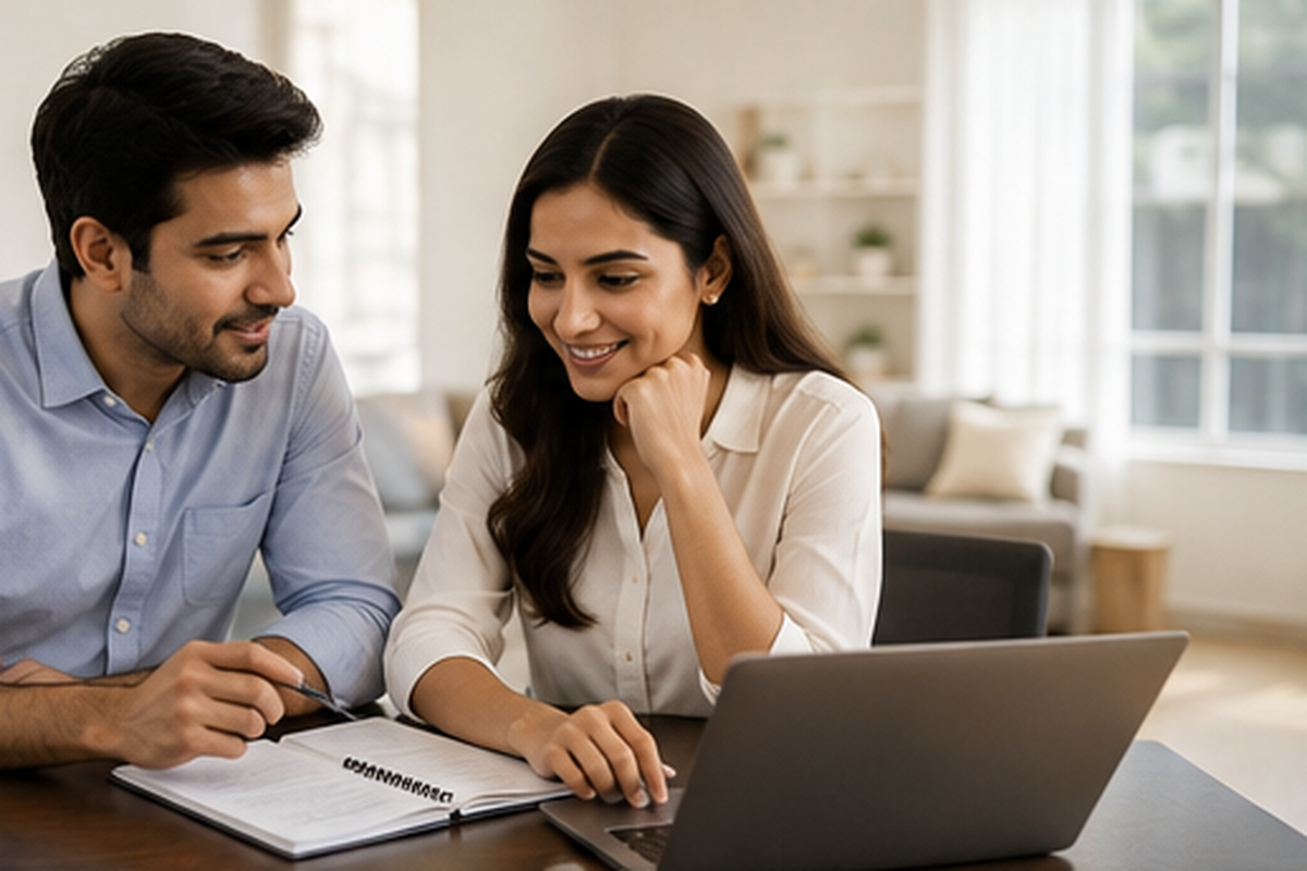 A couple reviewing investment options together on a laptop and notebook at home