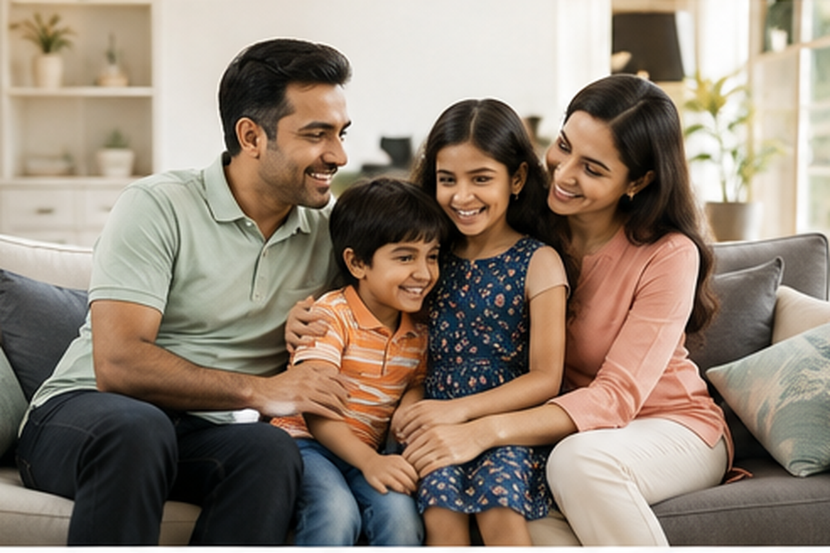 A family of four embracing warmly together on a couch at home