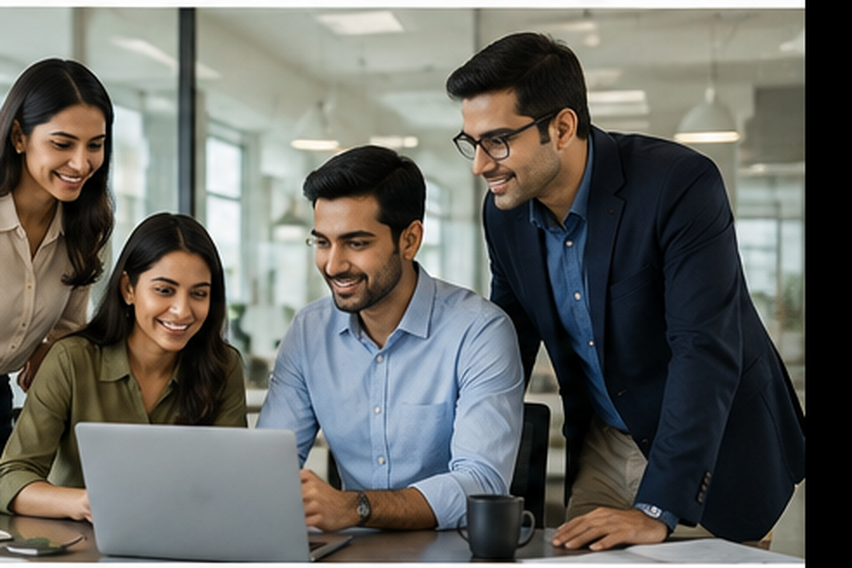 A team of business professionals reviewing plans together on a laptop in a modern office