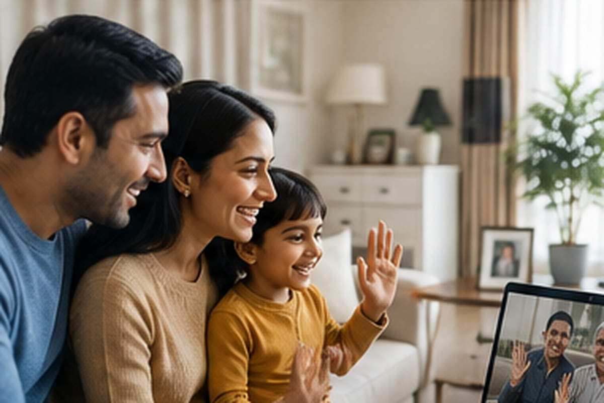 A family video calling relatives abroad on a laptop from home