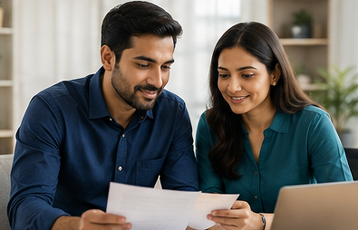 A couple reviewing a mutual fund portfolio document together at home
