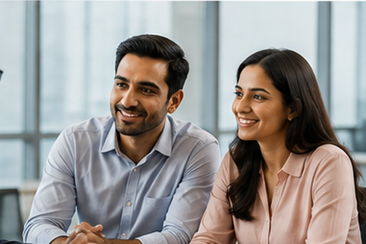 A smiling couple engaged in conversation with their financial specialist