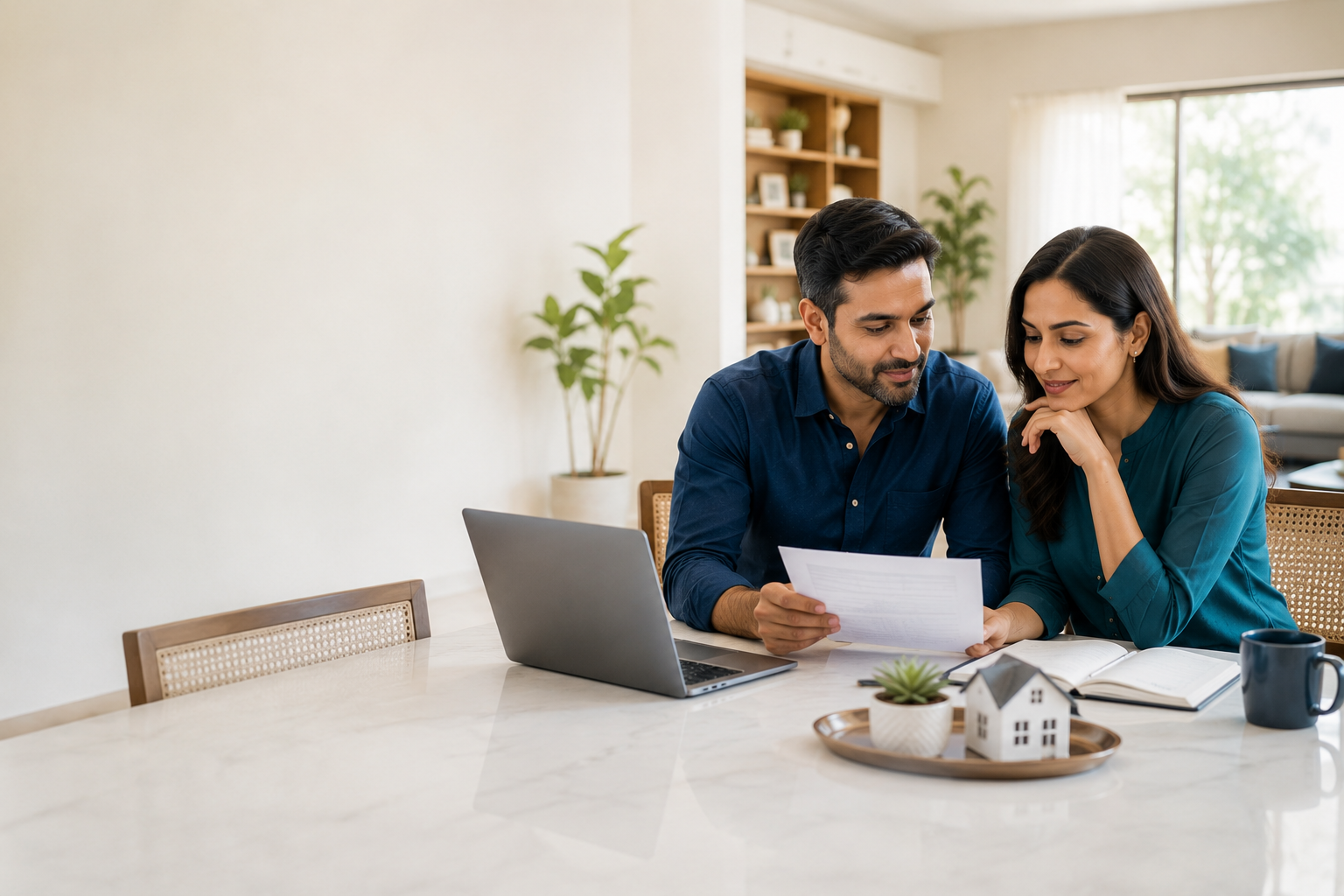 A couple reviewing their financial plan and a home savings goal together at a table
