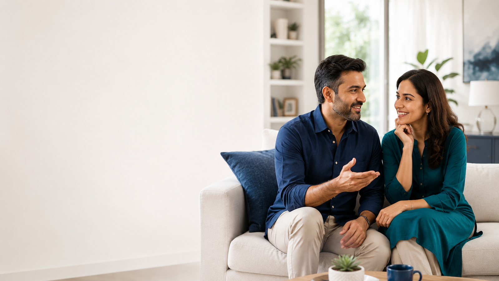 A couple discussing their financial plan together in a bright, sunlit living room